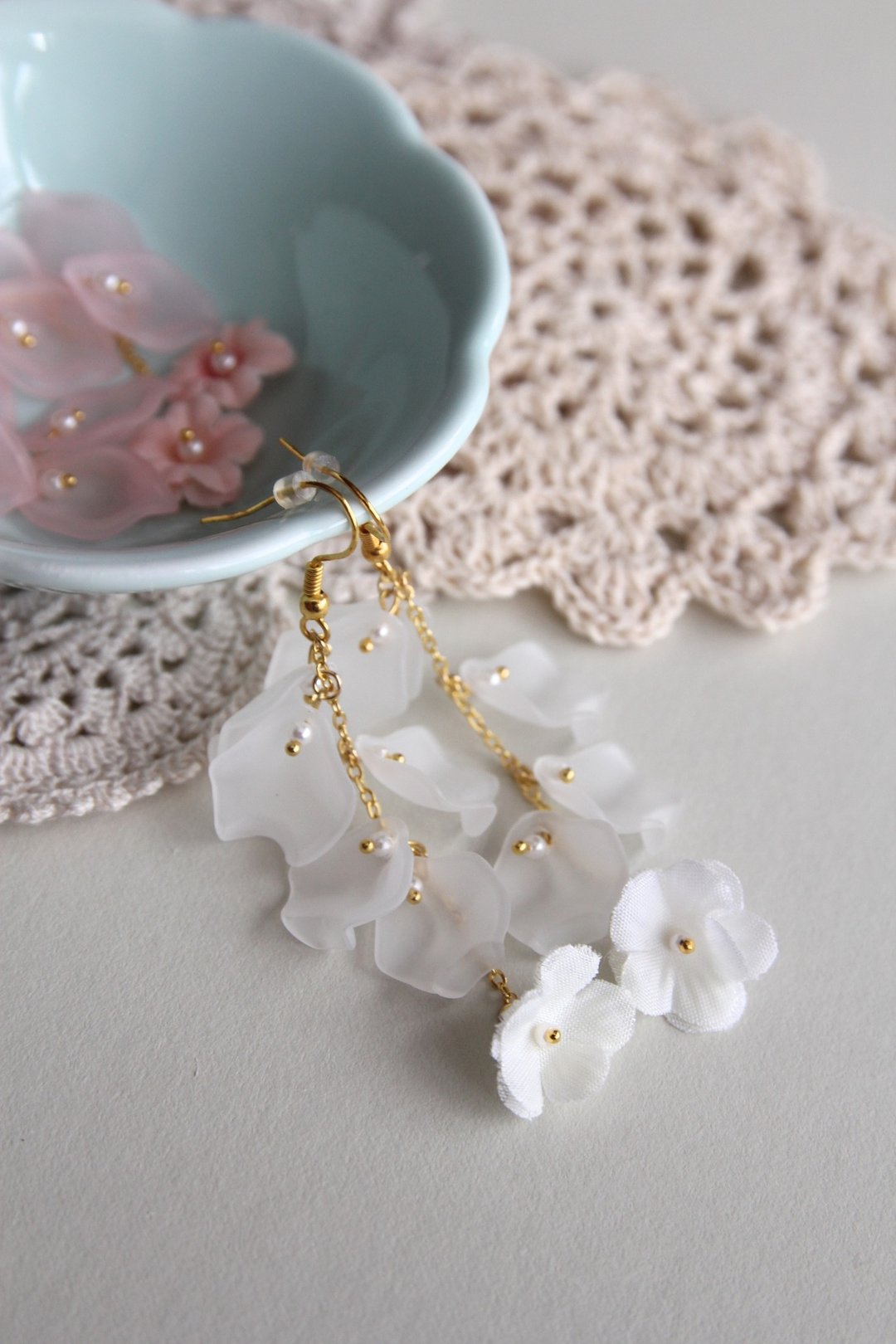 耳环 饰品 花耳环 花办耳环 珍珠耳环 干花耳环 少女风 日系作品 - 耳环/耳夹 - 植物．花 白色