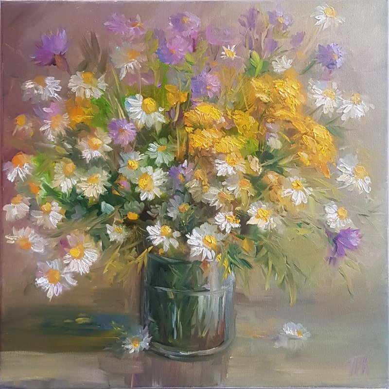 雏菊油画原创艺术花束鲜花油画布上油画 油画 - 海报/装饰画/版画 - 其他材质 卡其色