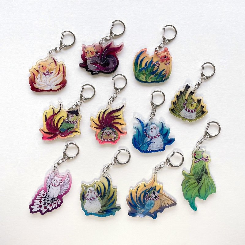 Rolia's 手作 百鬼夜行 九尾鸟鸟/鹦鹉/山雀 渐层透明压克力吊饰 - 钥匙链/钥匙包 - 压克力 