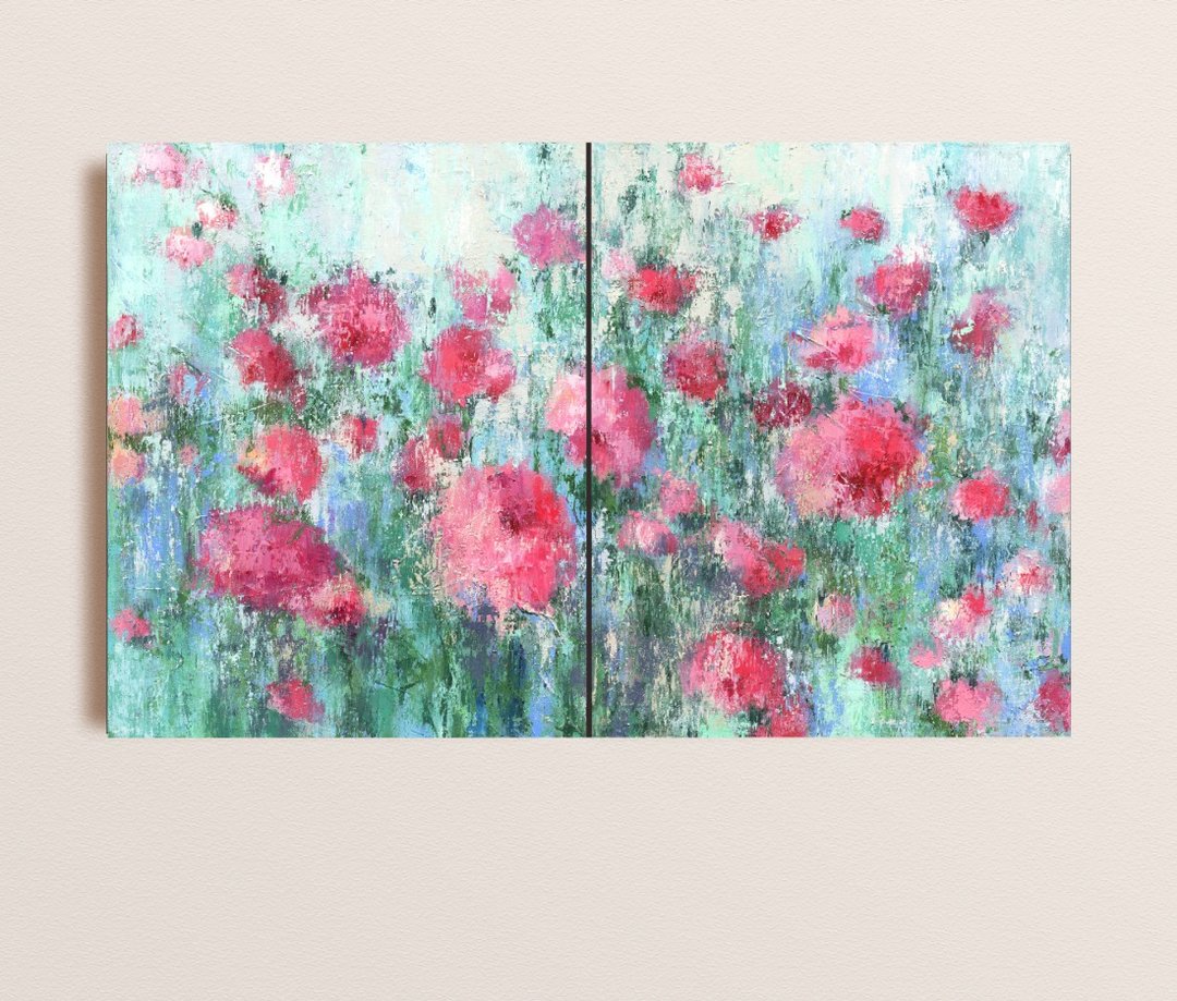 原创油画 画布尺寸100x60厘米 牡丹抽象花卉花园艺术 - 插画/绘画/写字 - 其他材质 粉红色
