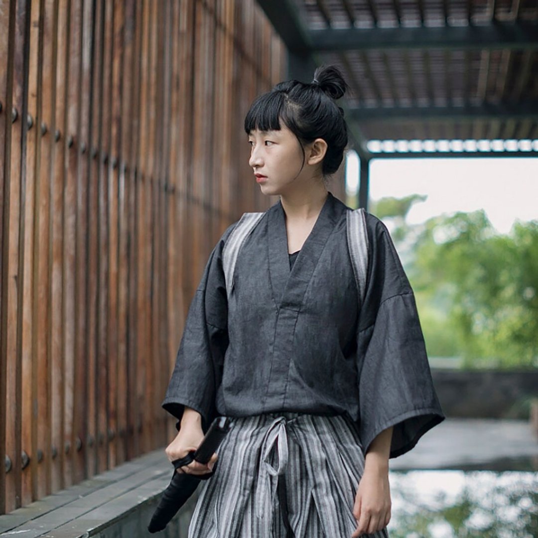 日式和风 黑武士风绑带套头衬衫 v领牛仔上衣 - 女装上衣 - 其他材质 黑色