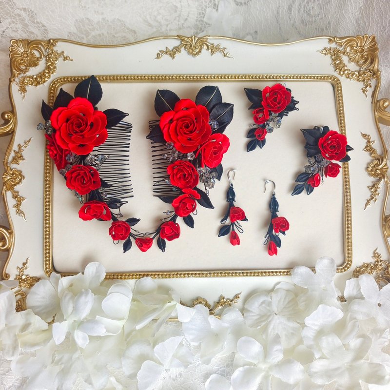 红玫瑰发梳 耳环 发夹 婚庆 礼服 套装 可改色 - 发饰 - 丝．绢 红色