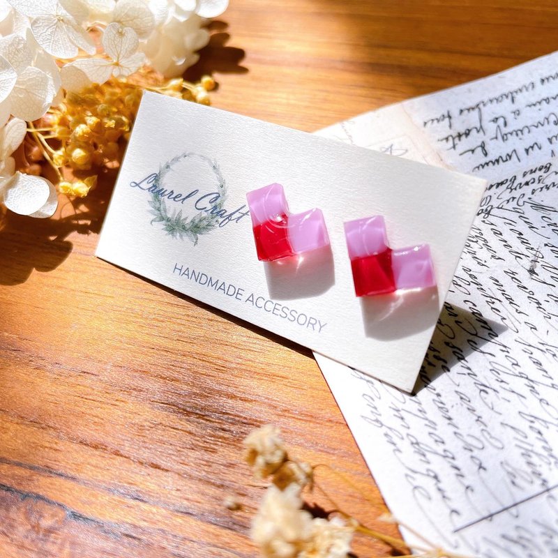 马赛克爱心系列  若紫/酒红 小款  925纯银针耳环/无痛耳夹 - 耳环/耳夹 - 植物．花 红色