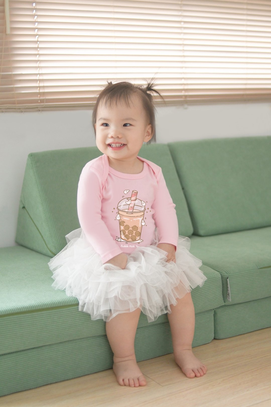 Baby 长袖连身包屁衣 - 麻糬兔珍珠奶茶 (可爱粉) - 包屁衣/连体衣 - 棉 粉红色