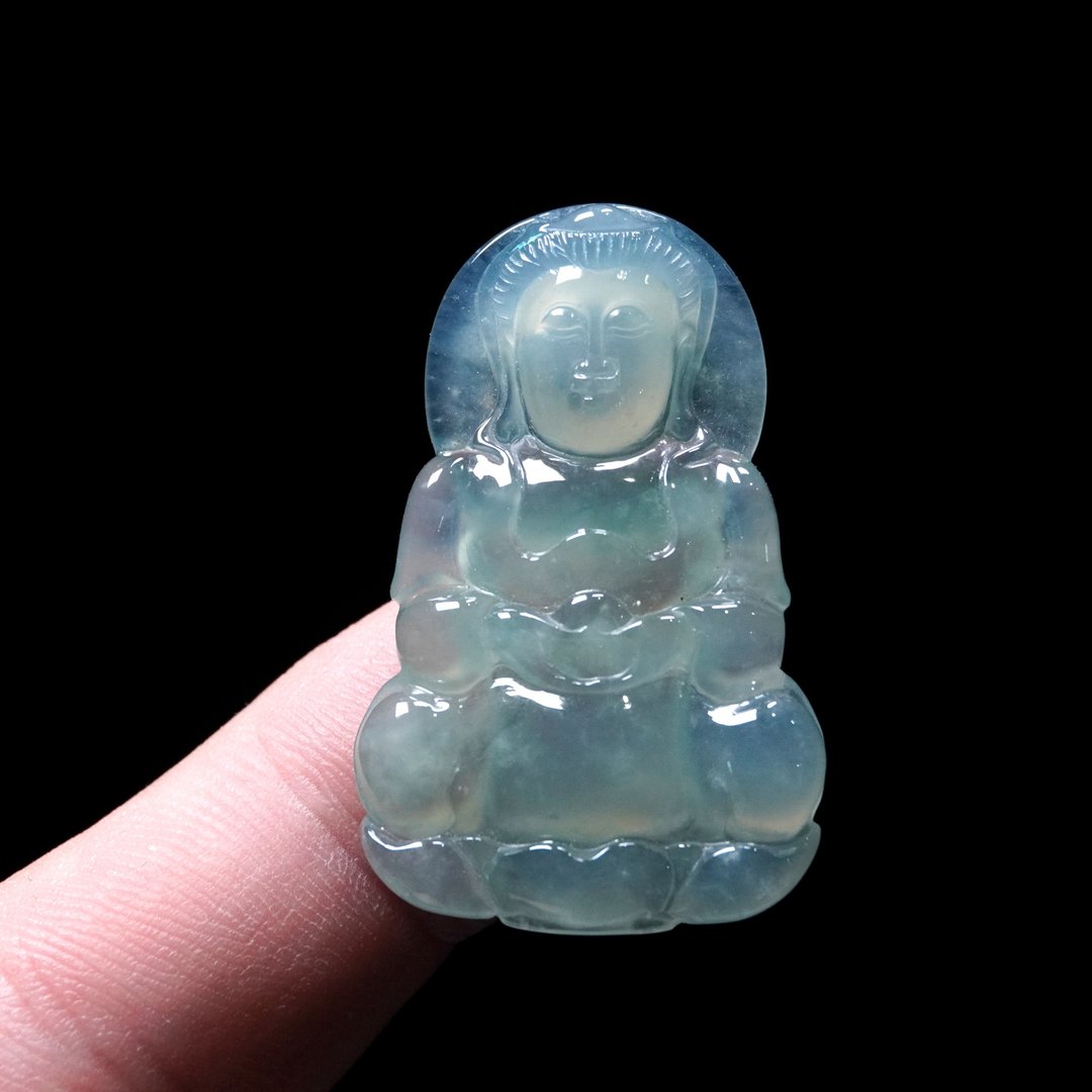 冰晴水翡翠精雕观音菩萨 | 天然缅甸玉翡翠A货 | 送礼 - 吊饰 - 玉石 绿色