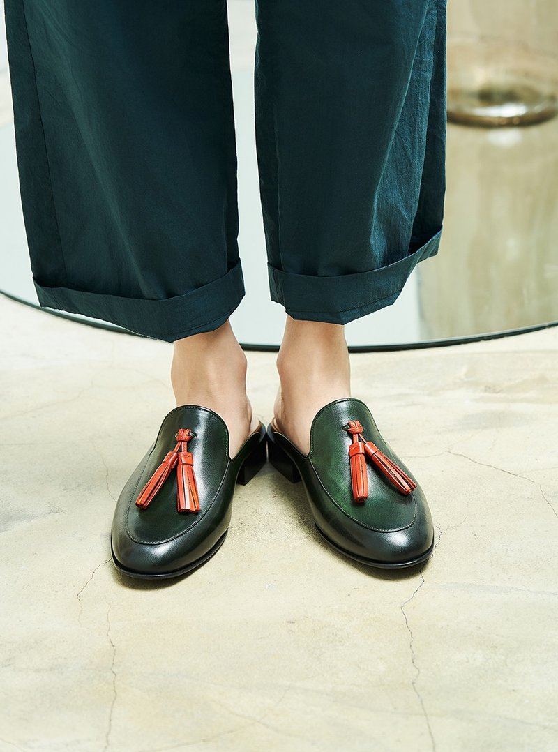 流苏乐福拖鞋 - 丛林绿 - 女款休闲鞋 - 真皮 绿色