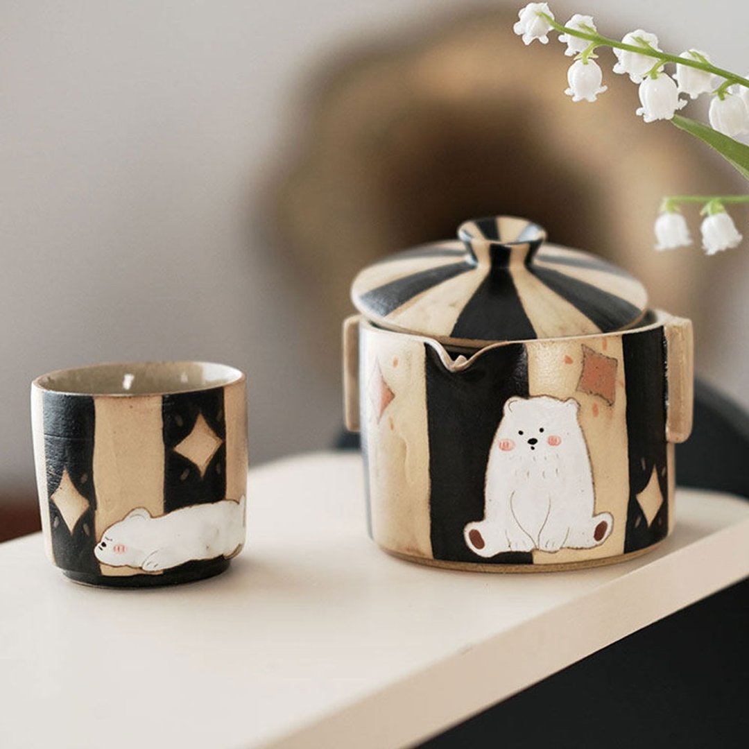 日式星月條紋茶壺 / 白熊陶瓷功夫茶 / 家用茶杯禮物 - 茶具/茶杯 - 瓷 黑色