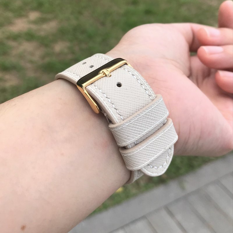 【AppleWatch表带】白色十字纹牛皮/法国防汗皮/厚芯款/轻巧款 - 表带 - 真皮 白色