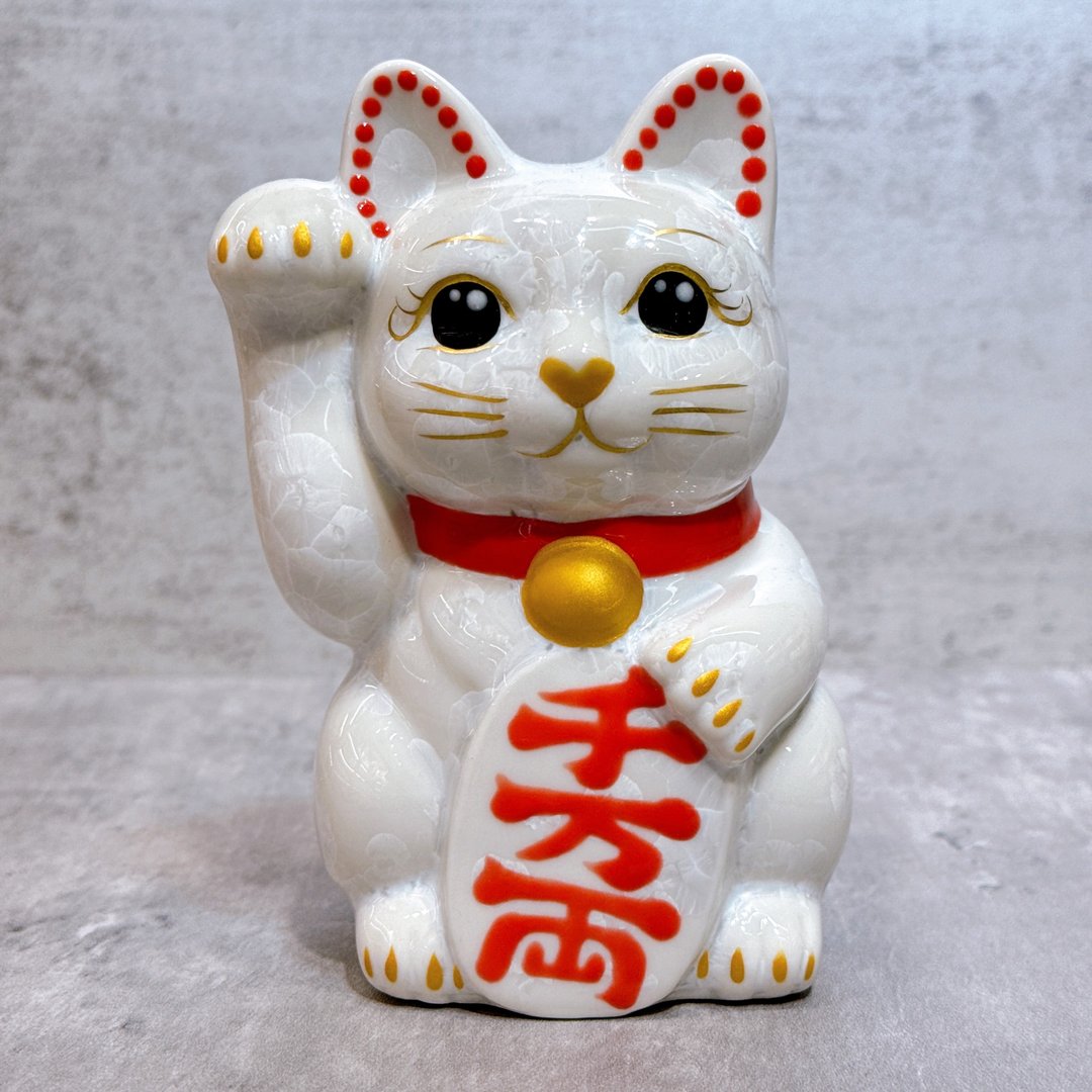 【福白映金】日本清水烧招财猫 | 花结晶 白 - 千万両 右 - 摆饰 - 瓷 白色