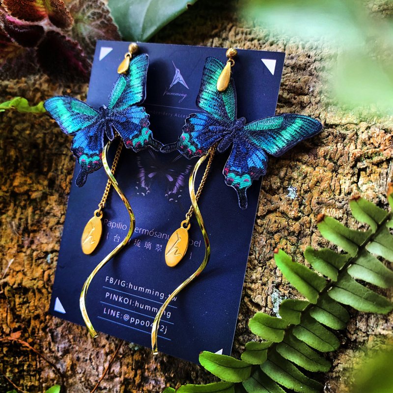 耳环 台湾琉璃翠凤蝶 刺绣 耳夹  台湾 手工 蝴蝶 礼盒 情人节 - 耳环/耳夹 - 绣线 多色