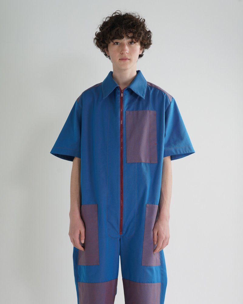 拼接棉质斜纹连身裤 - 背带裤/连体裤 - 棉．麻 蓝色