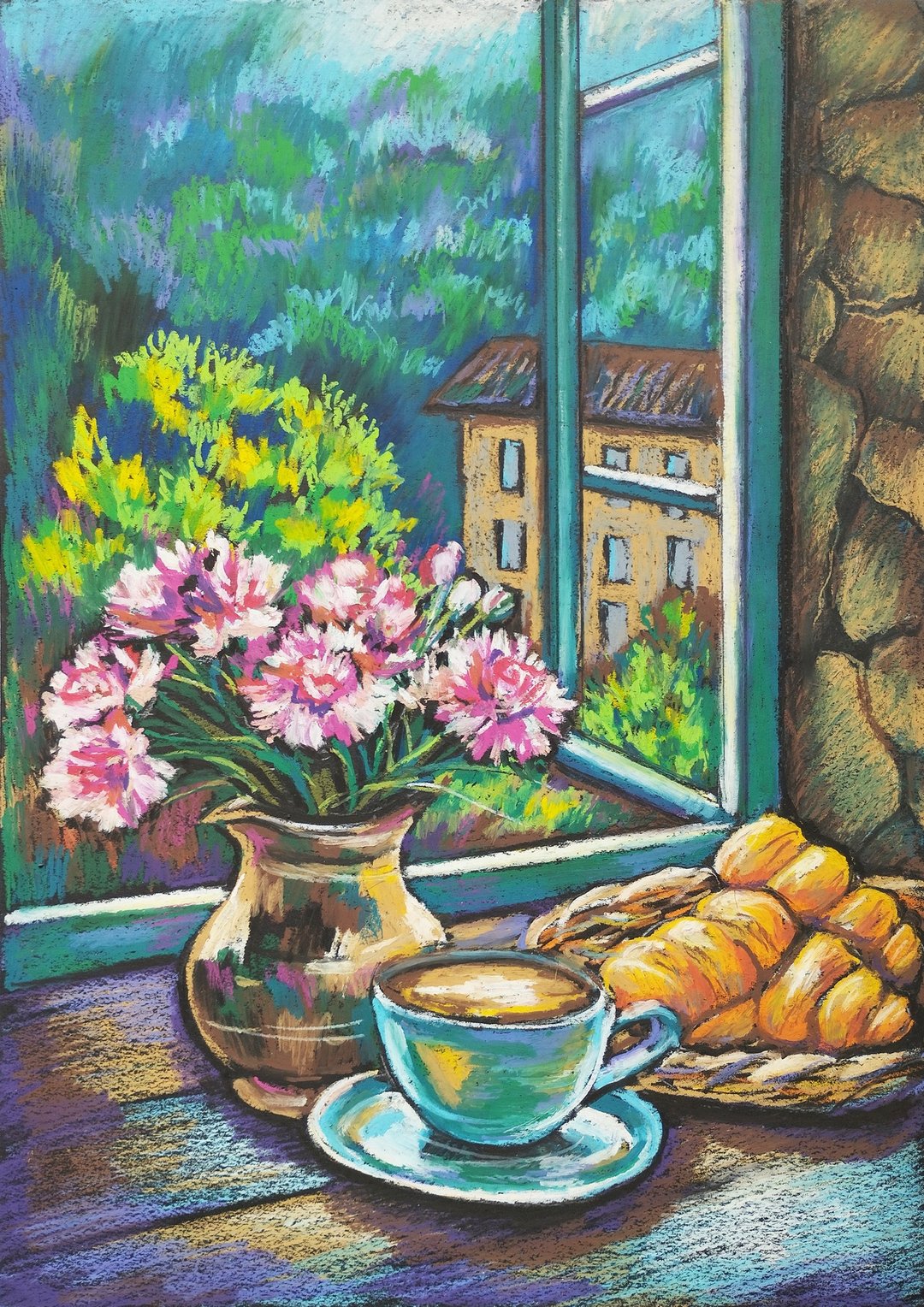 法式早餐绘画花卉艺术绘画油画棒花束送给女士的礼物 - 墙贴/壁贴 - 纸 蓝色