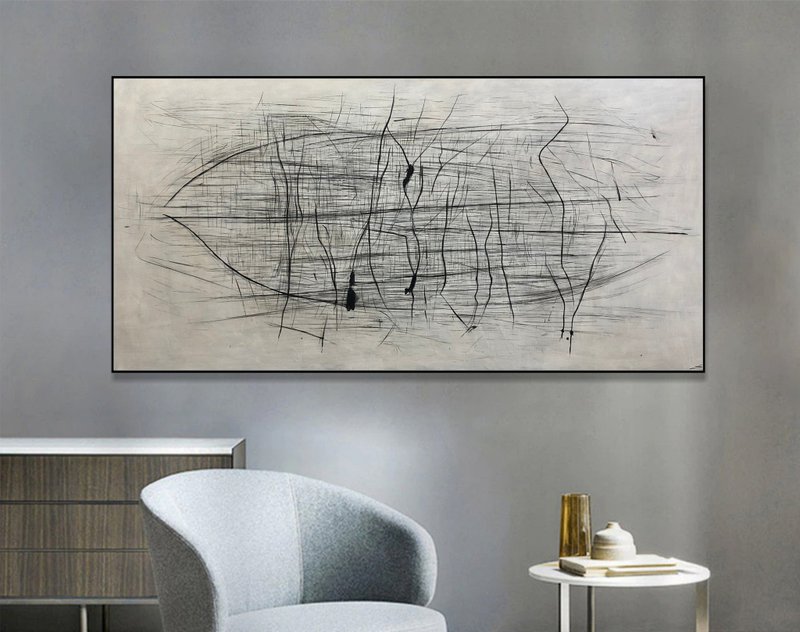 画布上大型抽象黑白绘画现代几何墙壁艺术 - 墙贴/壁贴 - 压克力 白色