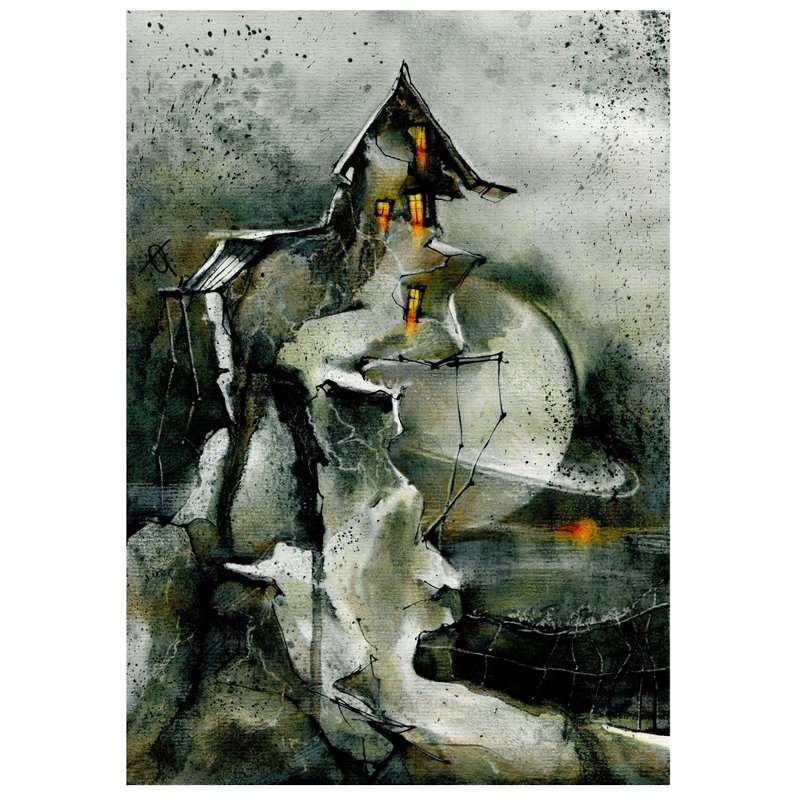 Fantasy landscape watercolor and liquid charcoal drawing - 墙贴/壁贴 - 纸 灰色