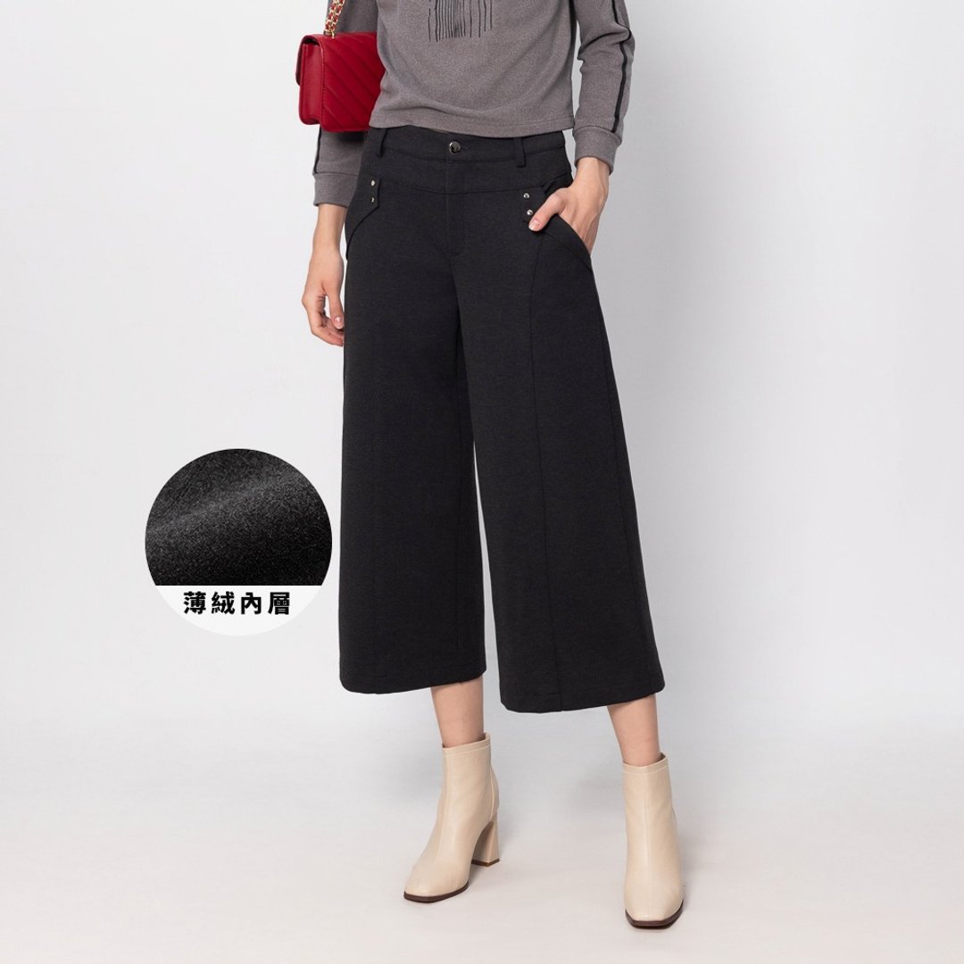【MEDUSA】翻褶口袋内刷毛切接七分宽裤(M-XL) | 女休闲长裤 宽裤 - 女装长裤 - 其他人造纤维 灰色