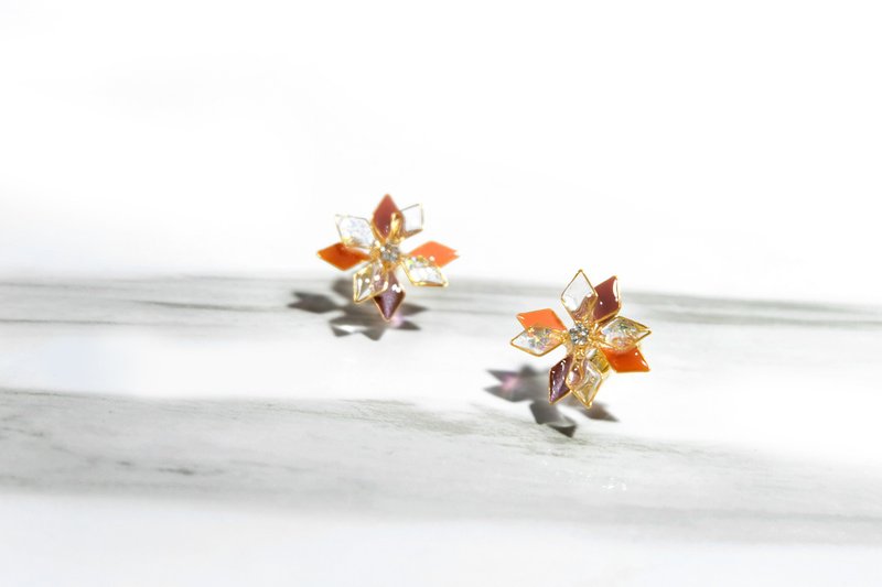 耳针x耳夹水晶花_雪花(砖橘色系)_光点饰品 - 耳环/耳夹 - 树脂 橘色