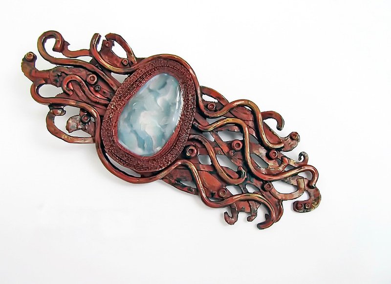Big abstract brooch polymer clay Fancy brooch tentacles Brown Ethnic Boho brooch - 胸针 - 粘土 咖啡色