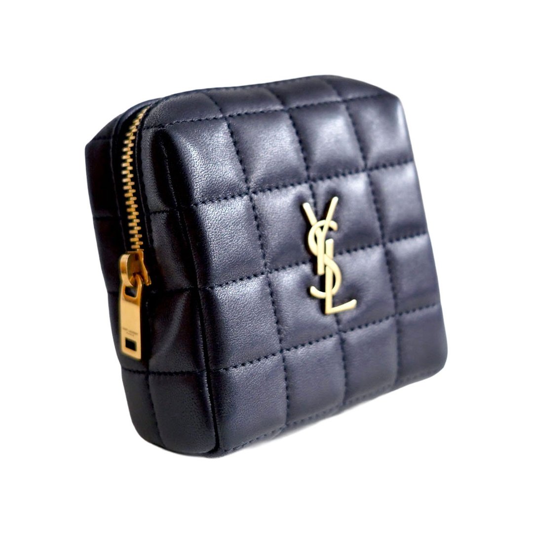 YSL SAINT LAURENT 黑色方形绵羊皮绗缝小零钱包散纸包 名牌精品 - 零钱包 - 真皮 黑色