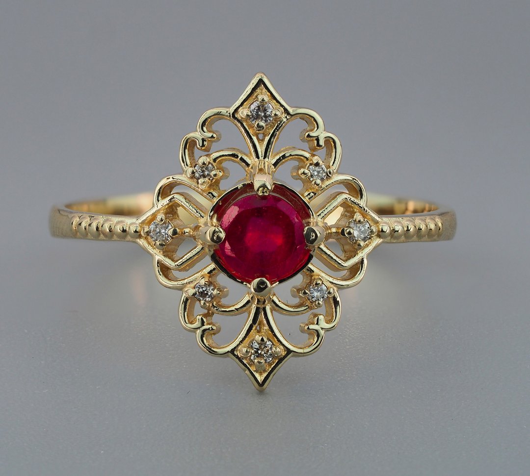 Natural ruby and diamonds ring - 戒指 - 贵金属 金色