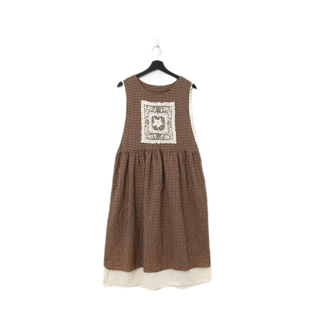 Back to Green-复古长洋装 咖啡格纹 蕾丝 Ls-47//vintage dress - 洋装/连衣裙 - 棉 