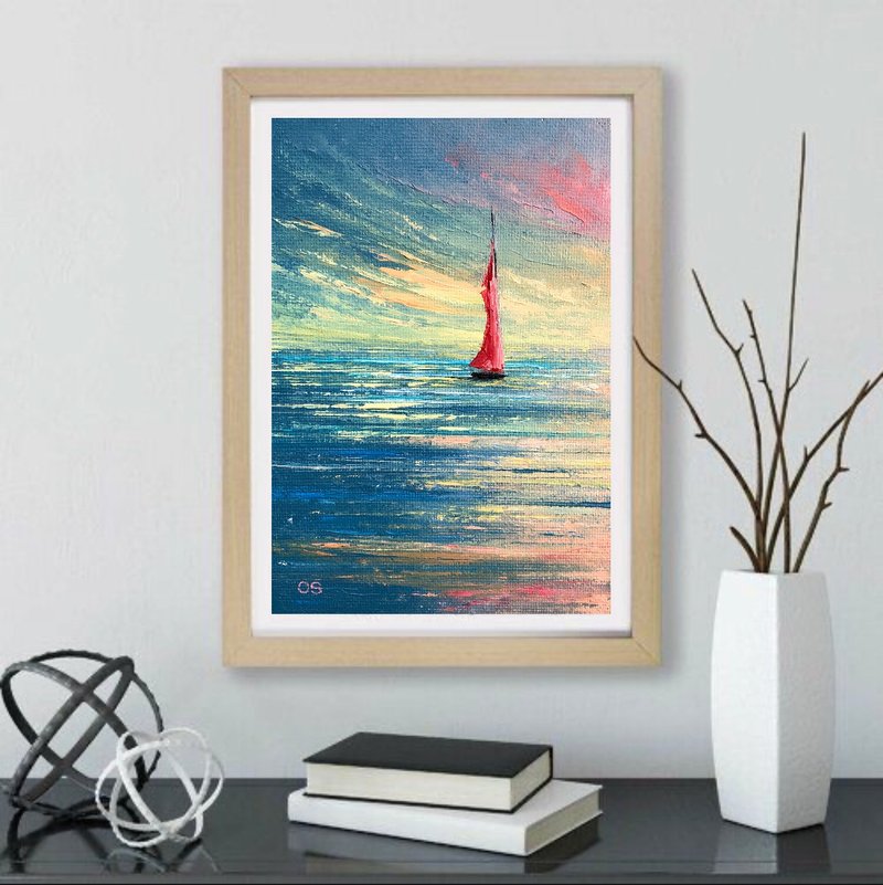 Original Oil painting On Canvas Sailboat Seascape Sunset Sunrise Impasto Art - 墙贴/壁贴 - 棉．麻 多色