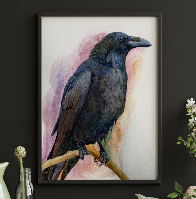 黑乌鸦 万圣节绘画 原创水彩画 鸟 动物艺术 - 墙贴/壁贴 - 纸 黑色