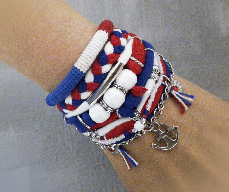 Multi Strand Bohemian Bracelet Set Anchor Charm Nautical Jewelry Red White Blue - 手链/手环 - 棉．麻 多色