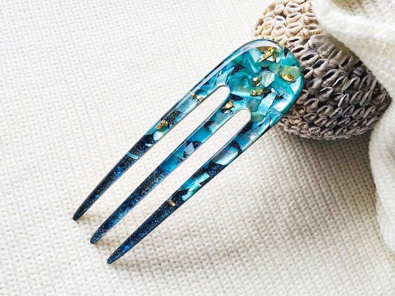 发饰+木头+树脂+蓝色+珍珠母 - 发饰 - 压克力 蓝色