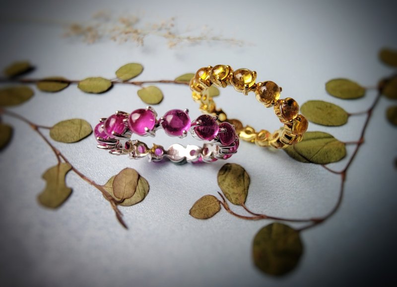 天然蛋面粉色刚玉 纯 18K 金戒指 | 定制手工 - 戒指 - 宝石 