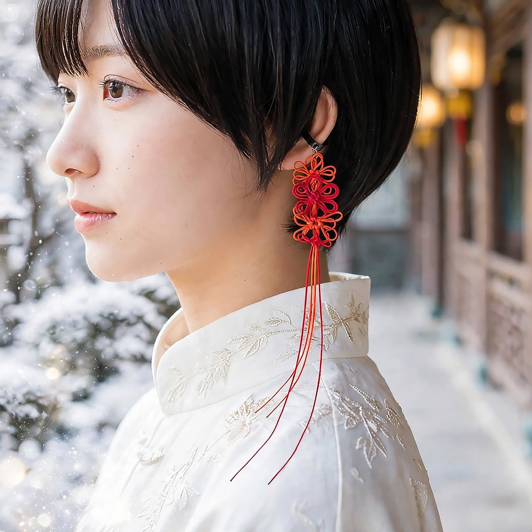 谣、华、祝 手工装饰结单只耳夹 - 耳环/耳夹 - 其他金属 红色