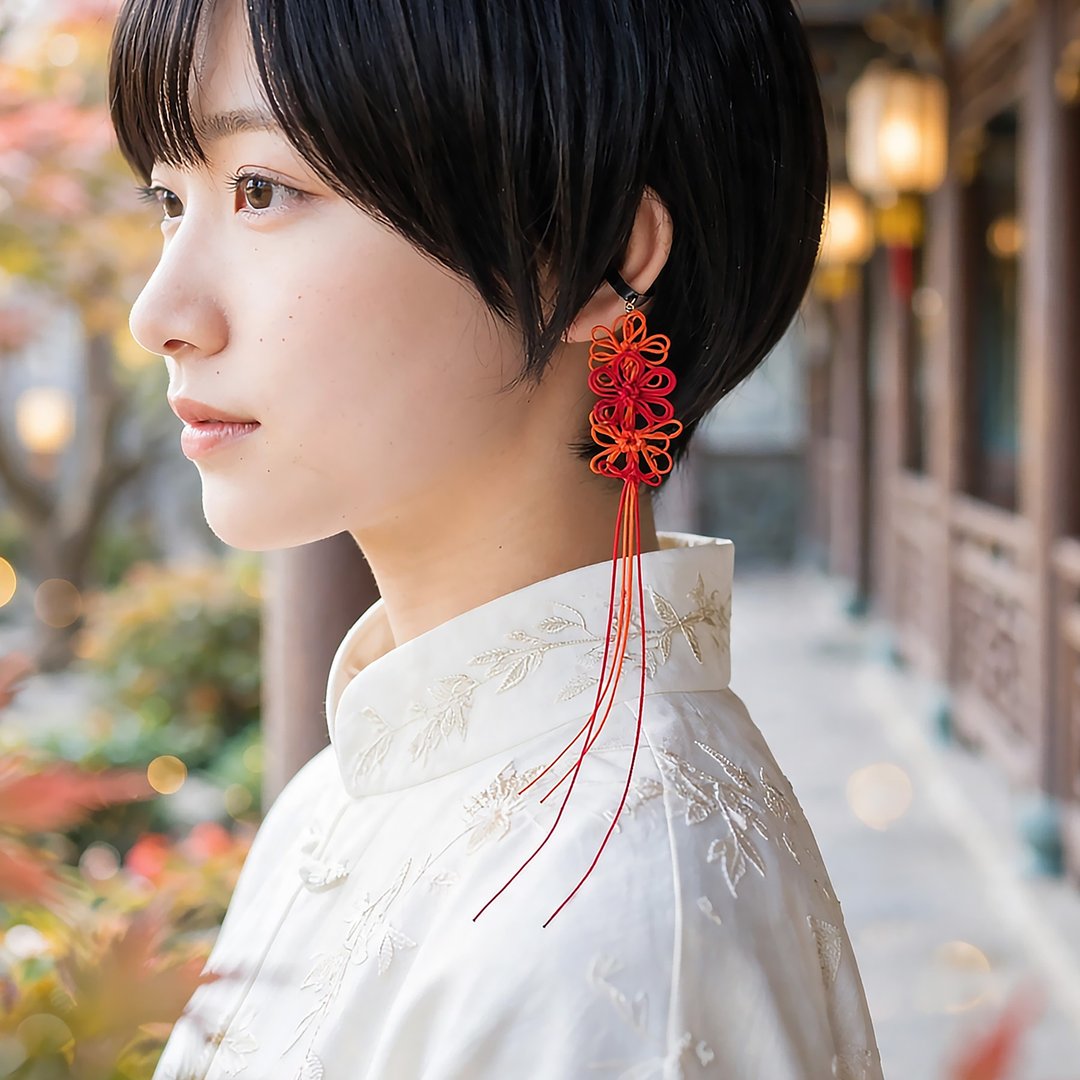 谣、华、祝 手工装饰结单只耳夹 - 耳环/耳夹 - 其他金属 红色