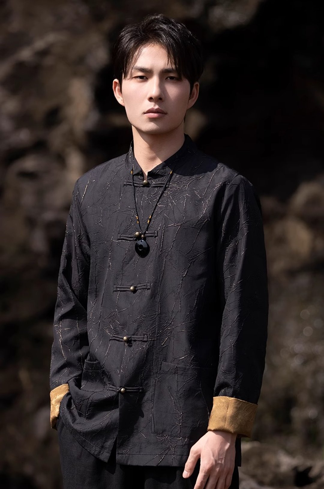 新中式复古 盘扣立领长袖衬衫 - 男装衬衫 - 其他材质 黑色