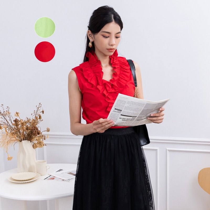 【MEDUSA】大荷叶立领无袖素雅上衣 -2色(M-XL) | 女无袖上衣 - 女装上衣 - 棉．麻 红色