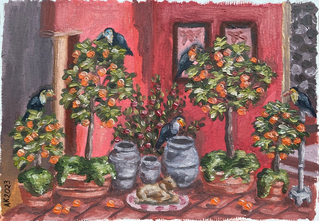 橙色和巨嘴鸟油画，热带插画，家居室内，鸟类，水果 - 墙贴/壁贴 - 其他材质 红色