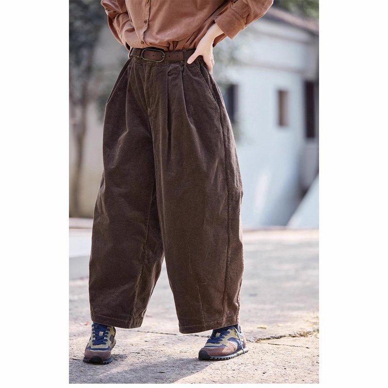 栗咖色复古灯芯绒松紧腰萝卜裤 - 女装长裤 - 棉．麻 