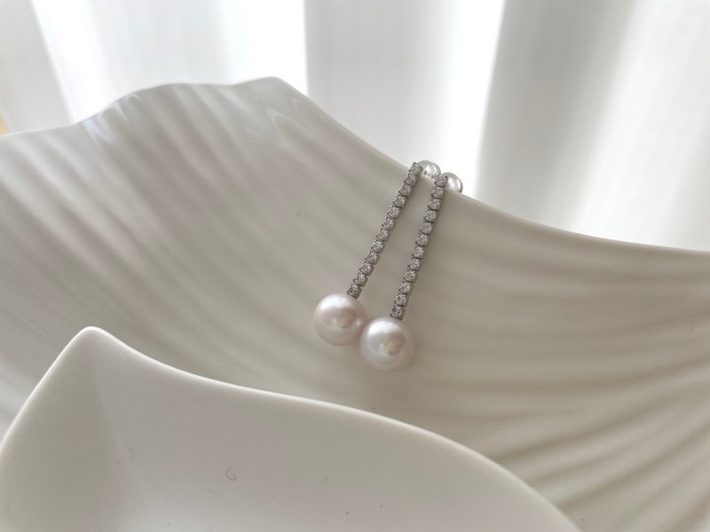 天然海水珍珠 S925银款 锆石 镶嵌 流苏 耳饰 - 耳环/耳夹 - 珍珠 白色