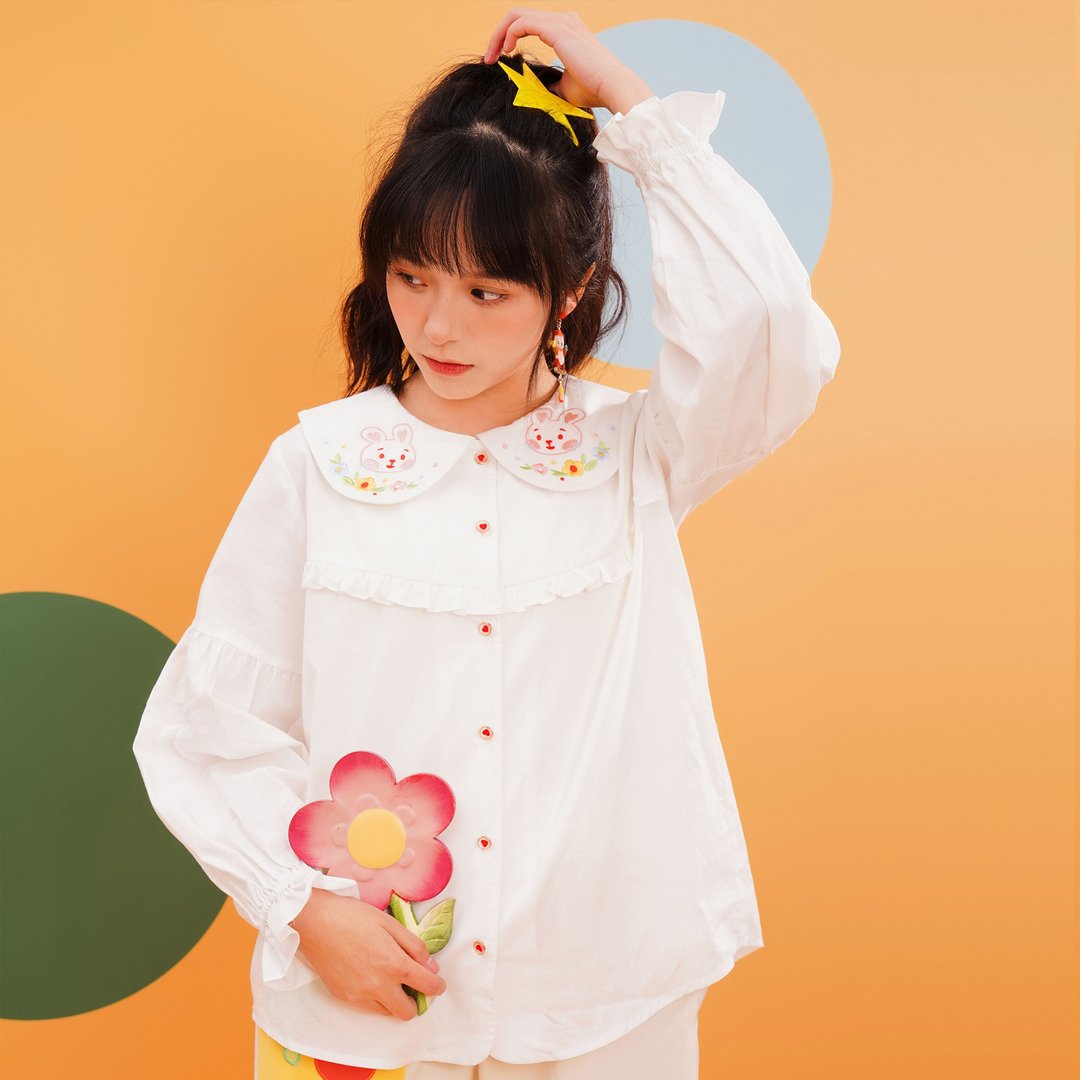 小兔子嗡嗡衬衣复古昭和可爱舒服透气纯棉天丝精美刺 - 女装衬衫 - 棉 白色