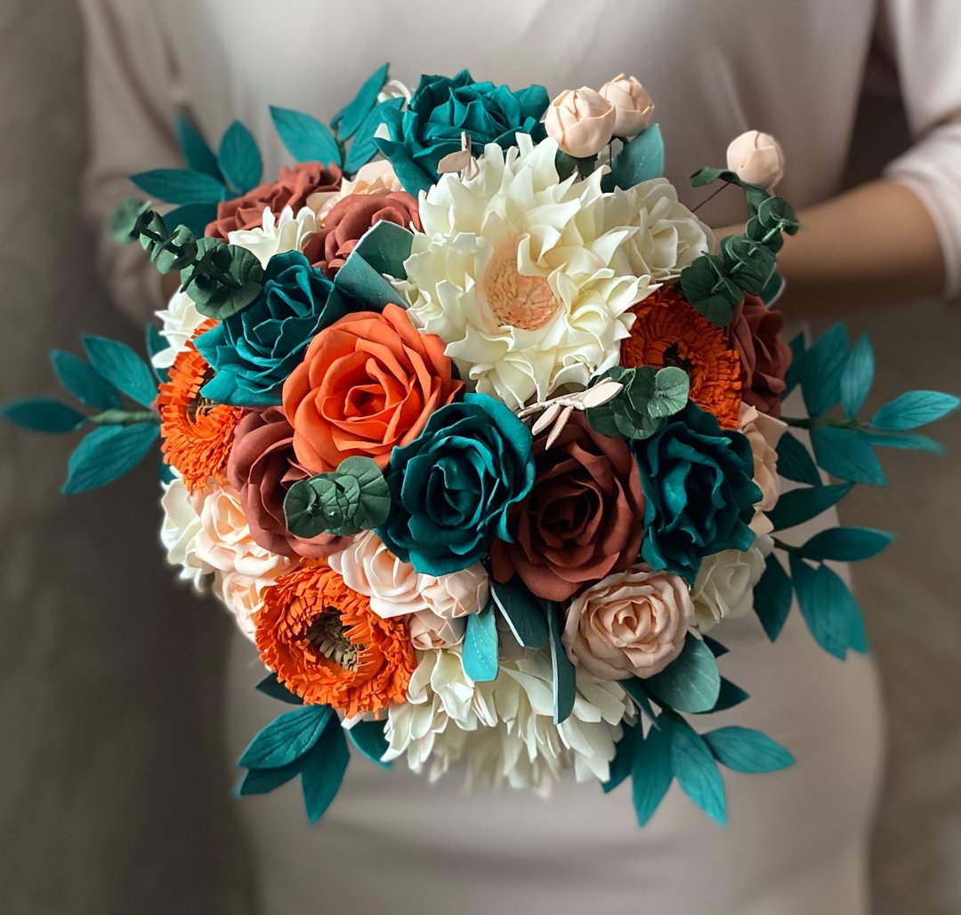Teal and burnt orange wedding bouquet. Fall bridal bouquet. Everlasting flowers. - 植栽/盆栽 - 其他材质 橘色