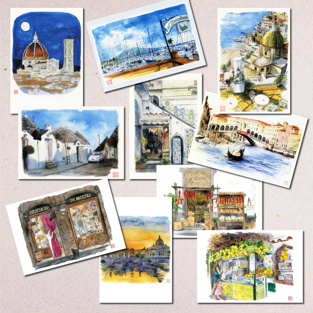 Set of 10 watercolor postcards/Italian scenery A - 卡片/明信片 - 纸 