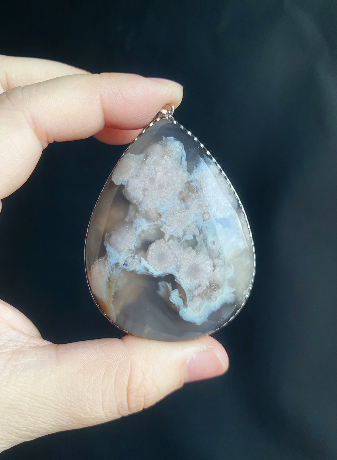 樱花玛瑙 粉花带绿小碎花 水中花 项链 礼物 S925 银镶 生日 - 项链 - 水晶 灰色