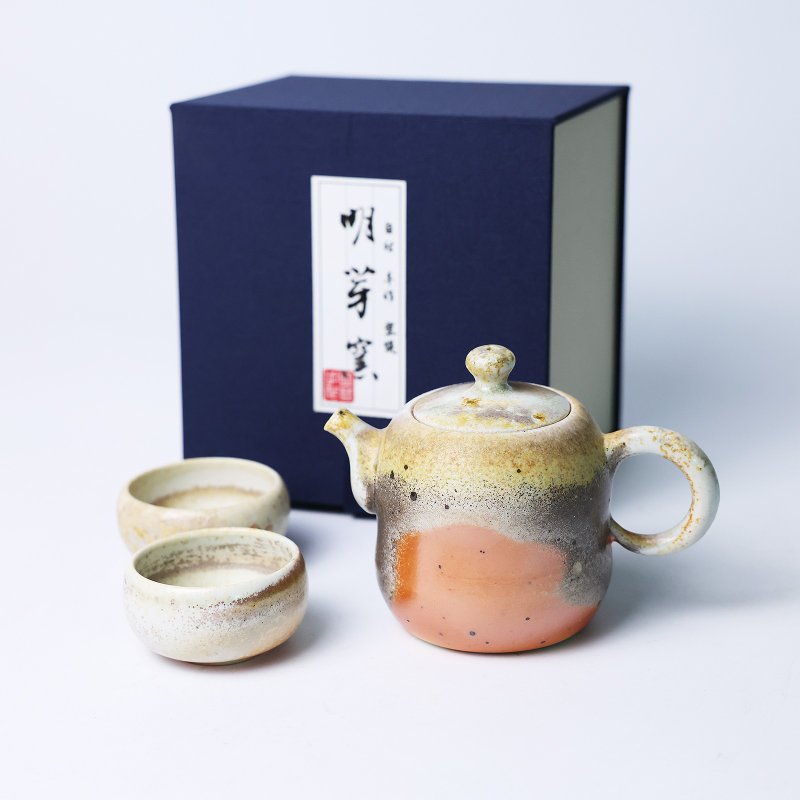 明芽窑 | 柴烧白瓷落灰金彩 暮霞釉影 茶壶 含两茶杯 礼盒 H11 - 茶具/茶杯 - 陶 橘色