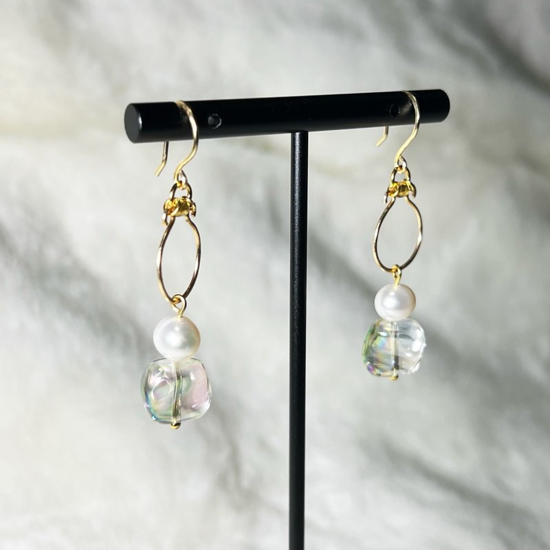 珍珠缀亮晶晶方型琉璃耳饰 - 耳环/耳夹 - 琉璃 多色