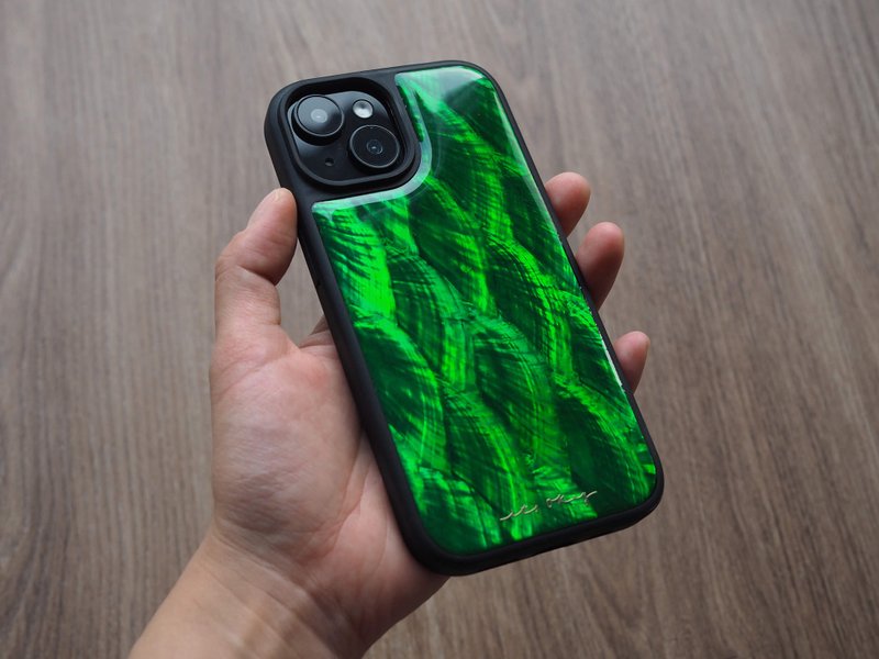 绿色 珍珠母贝 手工手机壳 适用iPhone16,15,14,13,12,11 Pro Max - 手机壳/手机套 - 贝壳 绿色