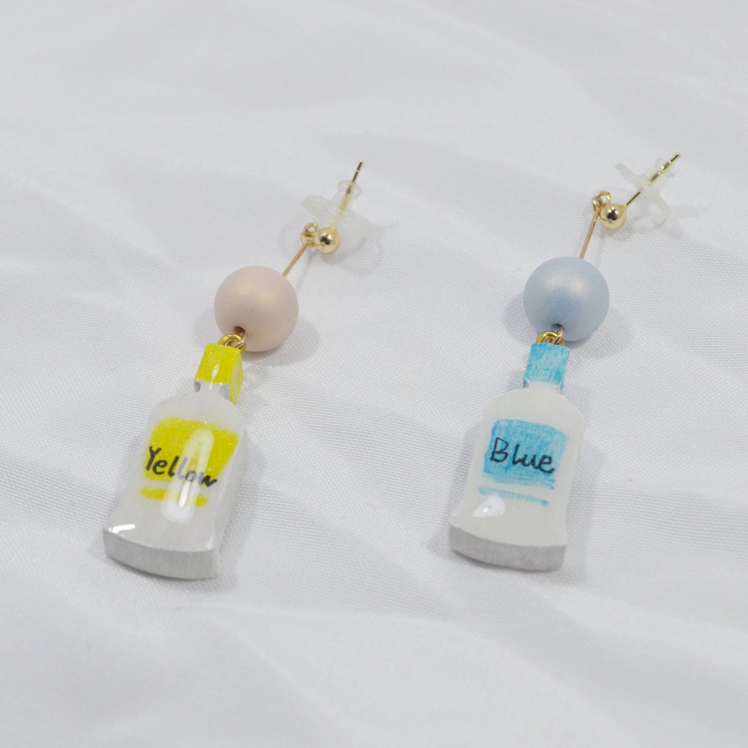 艺术生 蓝色与黄色 blue yellow 瓶装颜料造型耳钉耳环 手绘木制 - 耳环/耳夹 - 木头 多色
