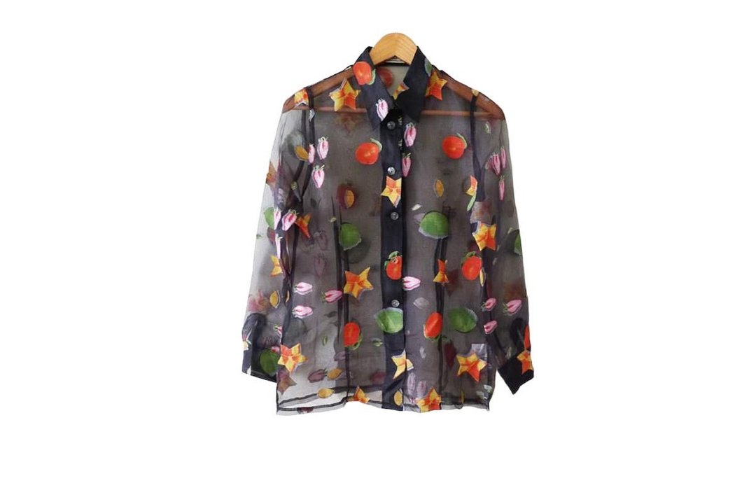 Japanese Vintage 80s black sheer long sleeve shirt with colorful FRUITS print - 女装衬衫 - 聚酯纤维 多色