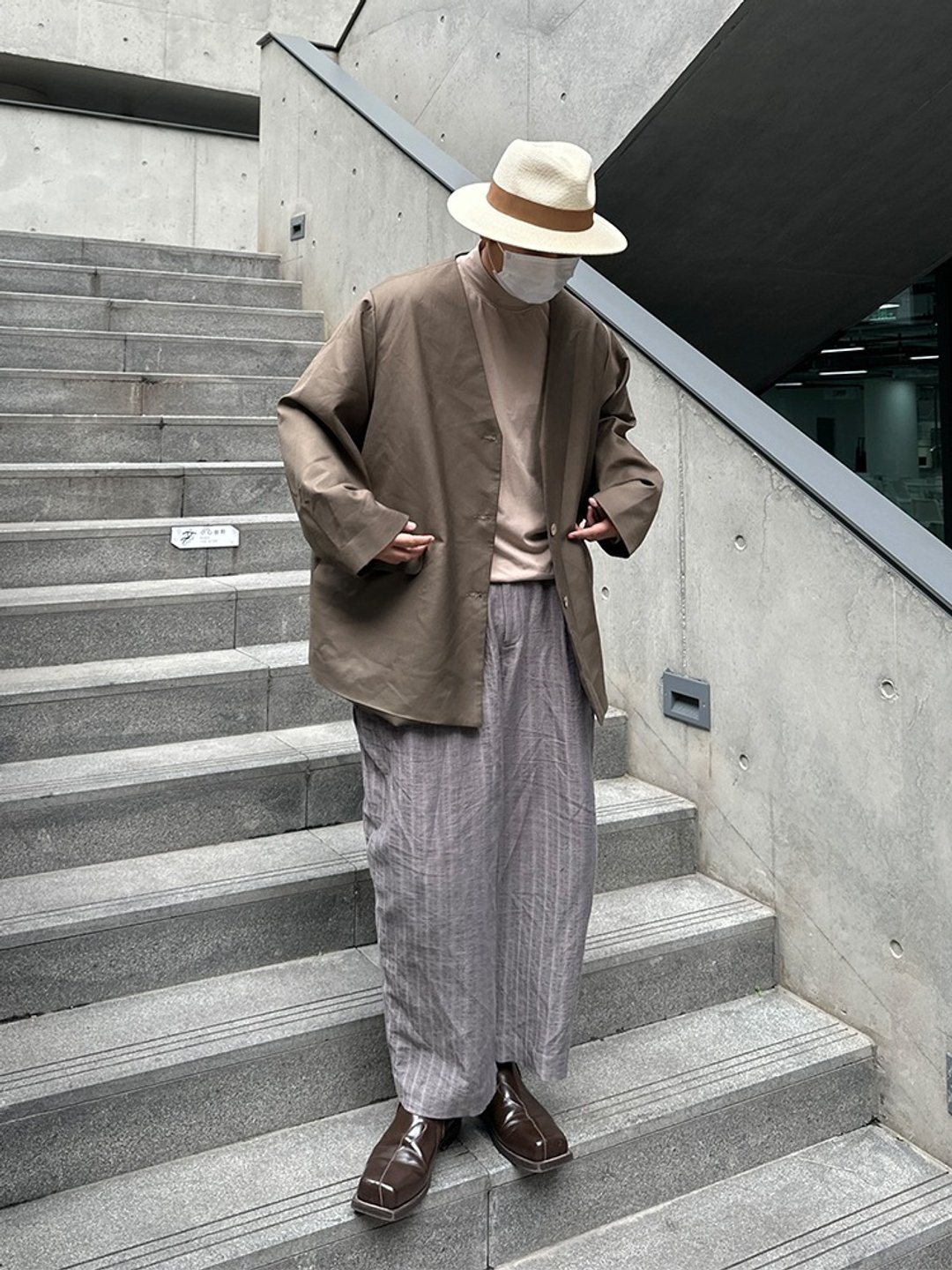 【中度灰】精纺棉麻廓形/打褶春夏宽松/阔腿九分裤 - 男士长裤 - 棉 灰色