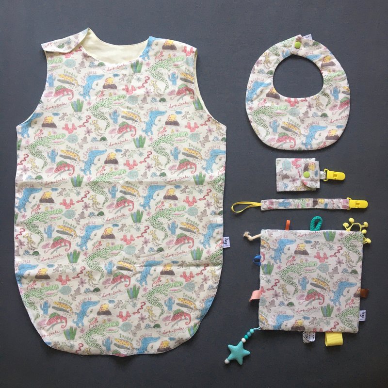 新生儿5件组- 鳄鱼嘉年华 - 满月礼盒 - 棉．麻 白色