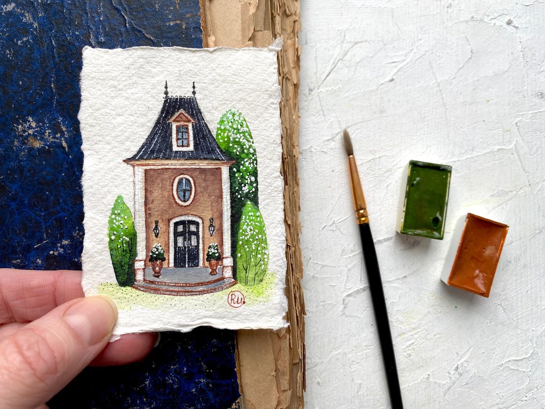 French house art Original watercolor Miniature painting on handmade paper - 海报/装饰画/版画 - 纸 多色