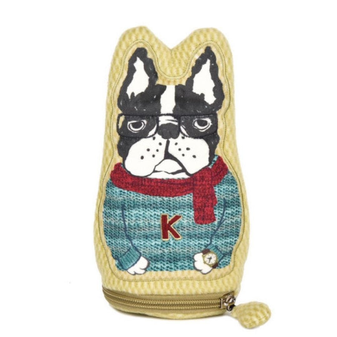 Kusuguru Japan 零钱包 笔袋 毛绒立体造型万用小物随身包-斗牛犬 - 零钱包 - 聚酯纤维 黄色