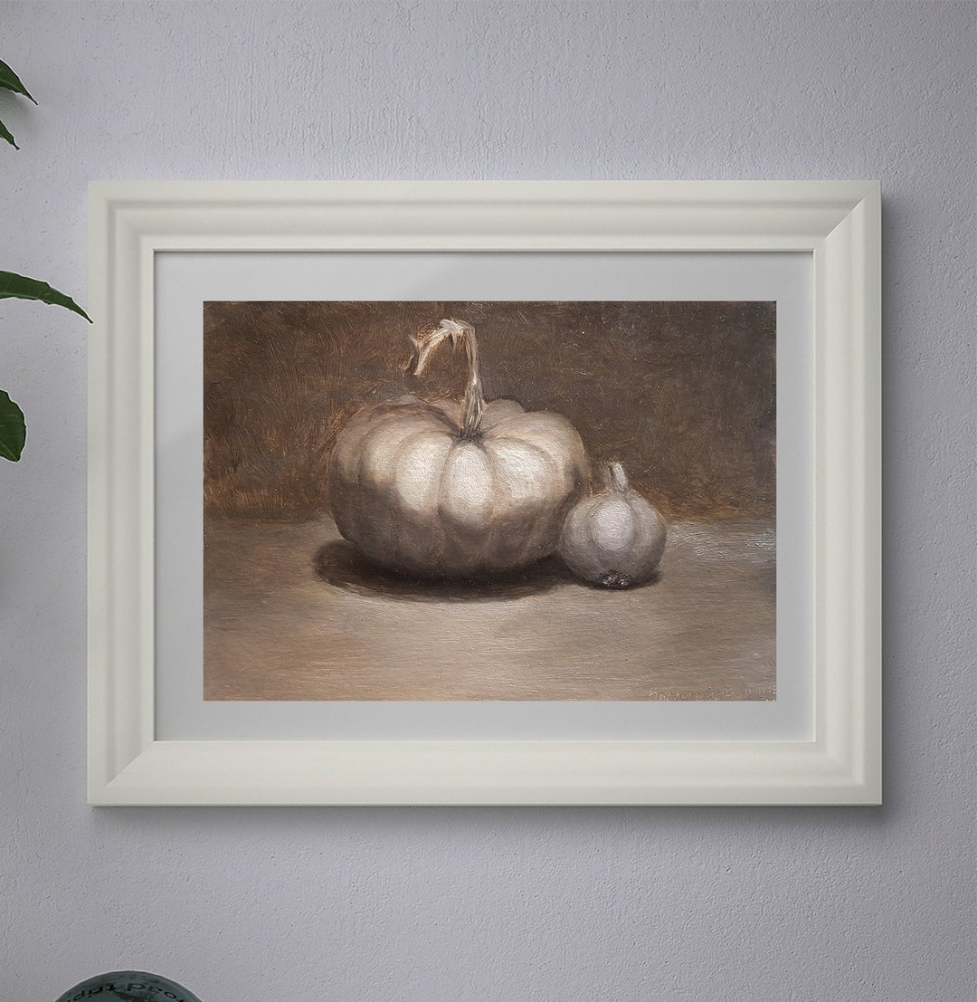Pumpkin Painting Still Life Original Art Vegetable Wall Art Oill Painting - 墙贴/壁贴 - 其他材质 灰色